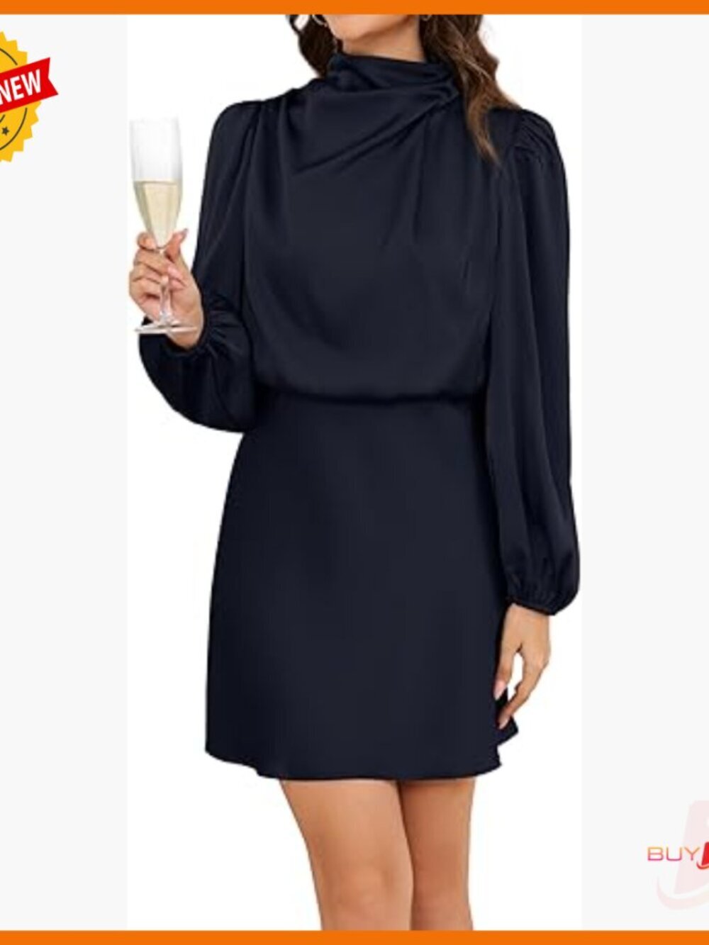Long Sleeve Satin Cocktail Dress Formal Mock Neck Mini Wedding Party